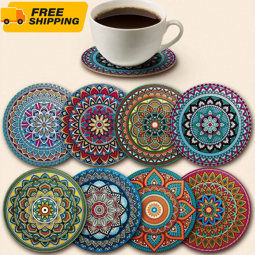 8pc wooden mandala coasters - mandala,