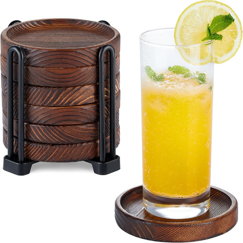 6pc wooden drink coasters set - drink,