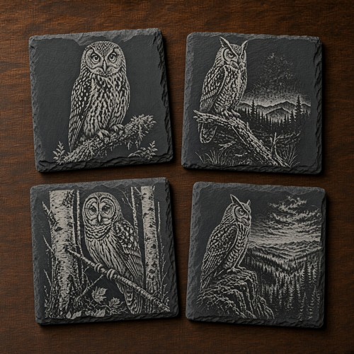 Owl slate coasters - owl, set