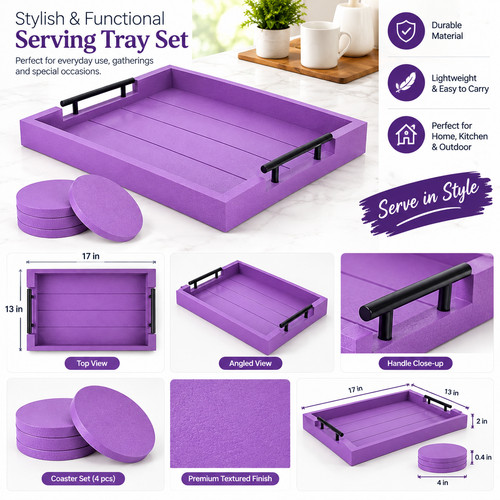 Purple wood serving tray set - purple,
